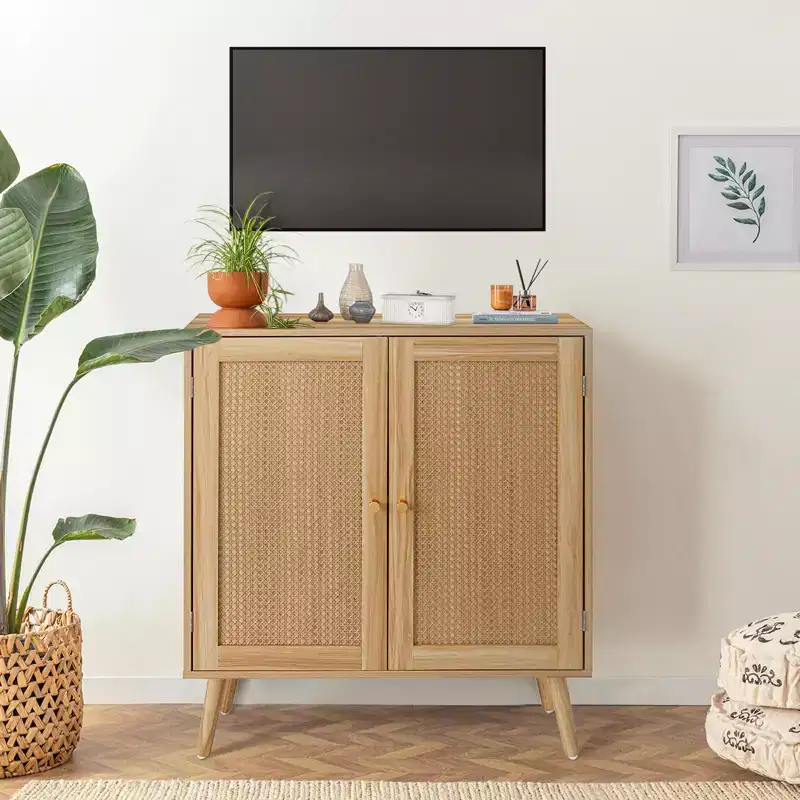Rattan Buffet Cabinet with Storage, Adjustable Shelves, Wood Feet, Entryway Storage Cabinet, for Dining Room, Hallway, Entryway