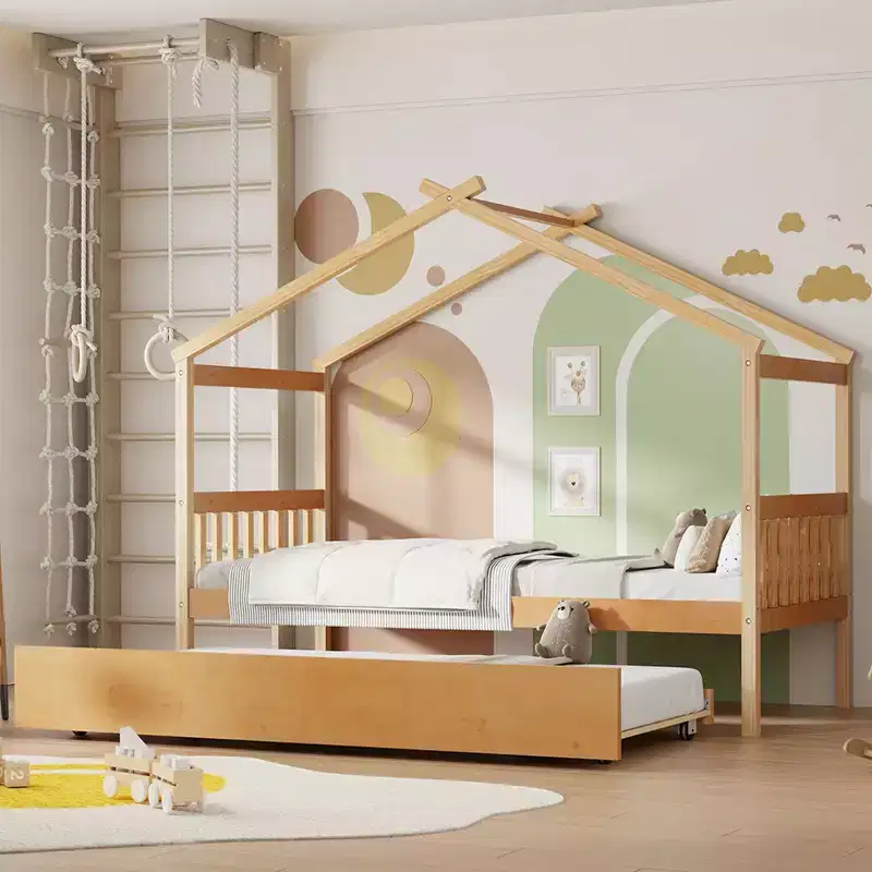 Bellemave House Bed with Twin Trundle, Wooden Montessori Playhouse Platform Bed Frame for Kids, Full/Twin Size, Natural & White