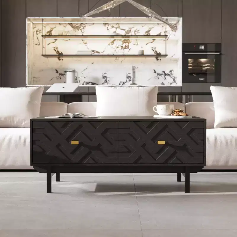 Famapy Black & Gold Coffee Table: Textured Drawers, Ample Storage  Elevate Living Room Style