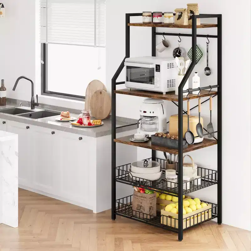 Freestanding Kitchen Bakers Rack, 5 Tier Microwave Stand with Wire Basket & Adjustable Feet, 50.7'' Tall Industrial Coffee Bar Statio