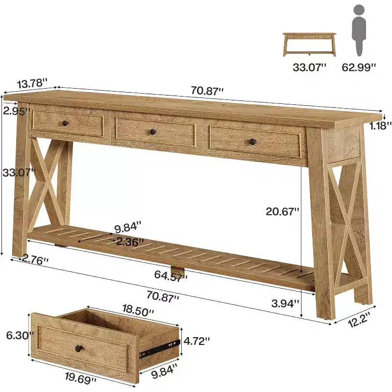 Lantine 70.87-inch Brown Farmhouse Console Table with 3 Storage Drawers and Bottom Shelf, ideal for Living Room, Entryway, Hallway, Foyer.