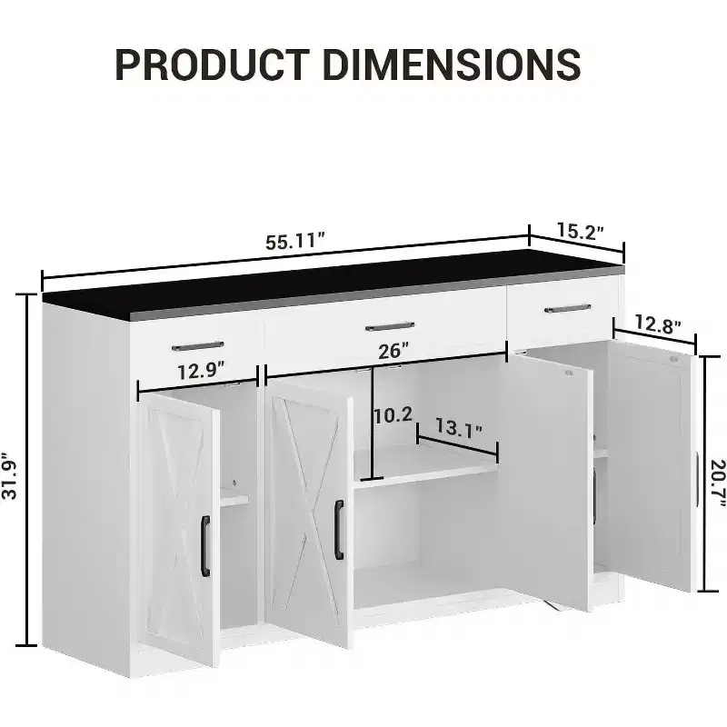 55Inch Large Sideboard Buffet Storage Cabinet, with 3-Drawer and 4 Doors, Buffet cabinets, Farmhouse Coffee Bar Cabinet