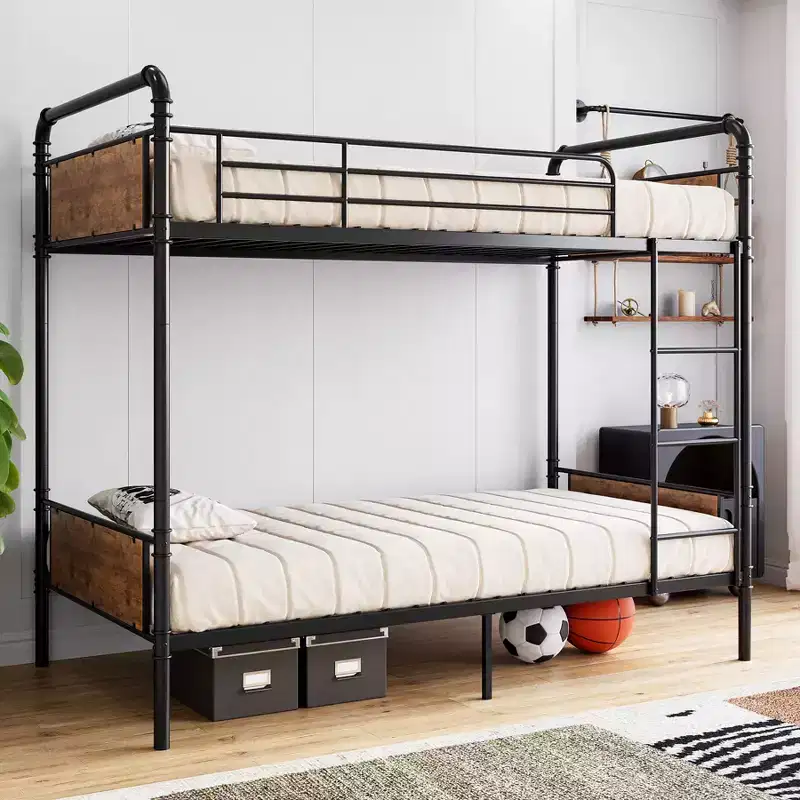 Twin Over Twin Metal Bunk Bed with High Guardrail and Ladder, Convertible Metal Bunk Beds for Kids, Teens, or Adults, Sturdy Frame