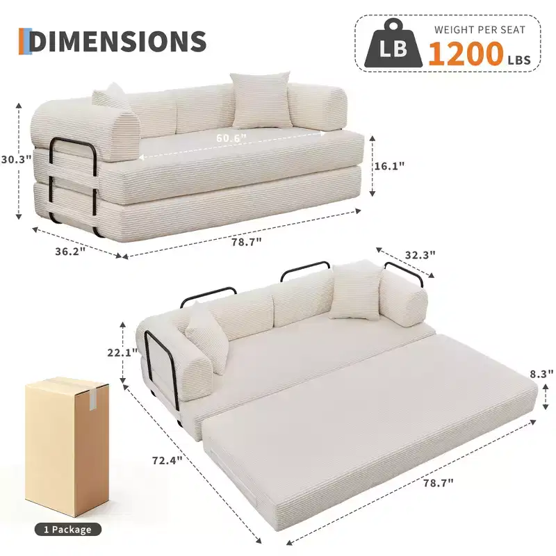 78.7 Boneless Corduroy 4-in-1 Sleeper Sofa Bed, Folding Floor Futon Loveseat with Pillows (No Assembly)