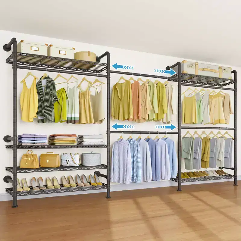 Wall Mounted Clothes Rack Industrial Pipe Clothing Rack, Heavy Duty Clothes Rack with Shelves and Expandable Hanging Rods