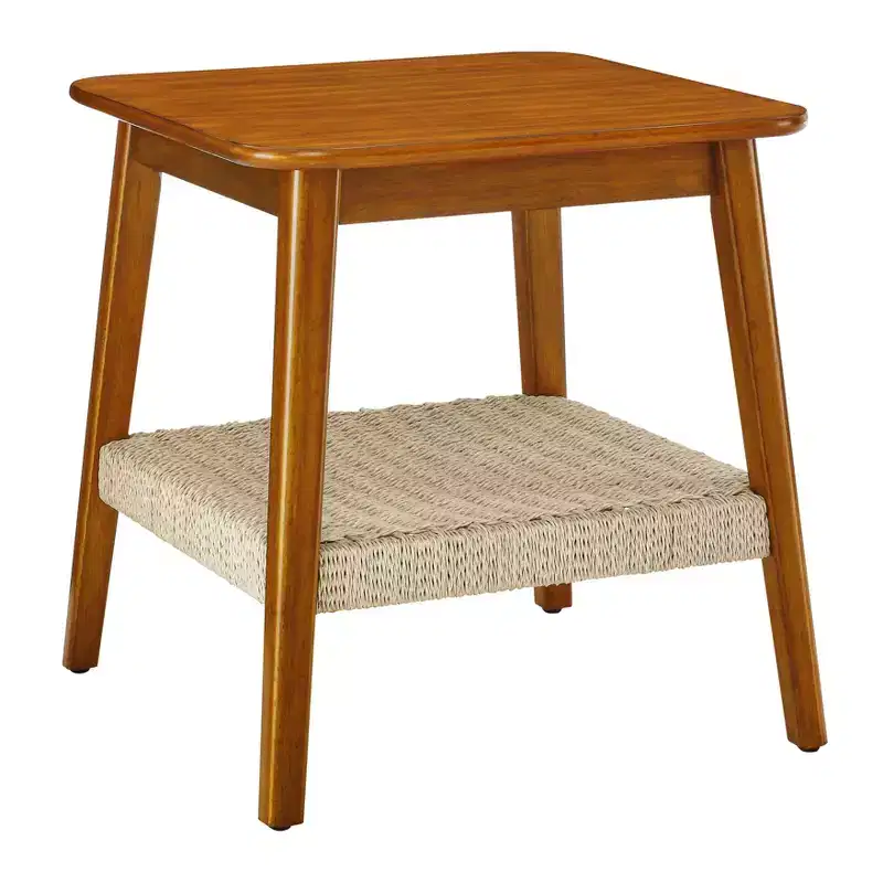 Homy Casa Mid-Century Wooden End Table with Woven Shelf, Walnut Finish