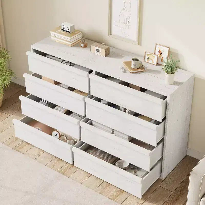 8 Drawer Dresser for Bedroom, 54 White Double Dresser Organizer with Concave Handle, Modern Chest of Drawer for Bedroom Living Room Nursery