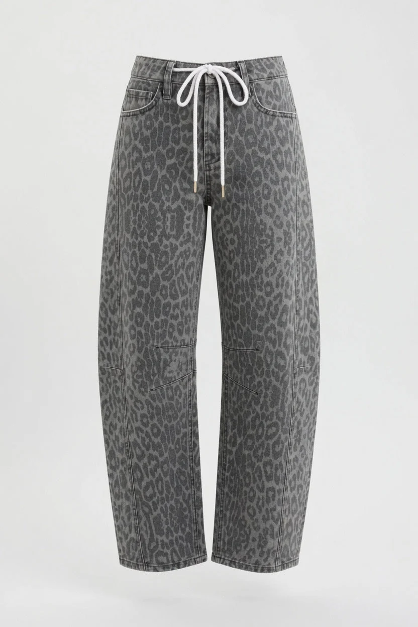 Leopard Print High Waist Barrel Leg Jeans