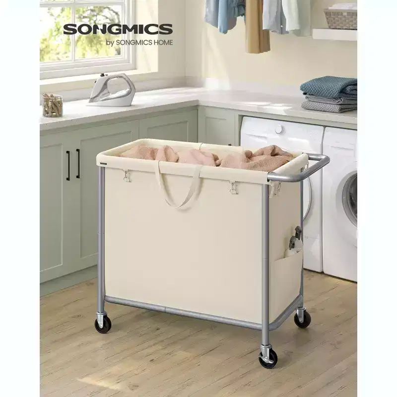 47.5-Gallon Rolling Laundry Hamper with Removable Liner – Wheeled Basket with Brakes, Cream White