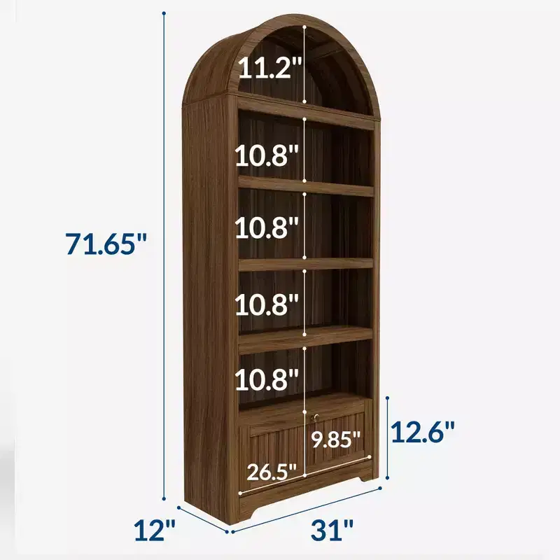71 Tall Arched Pantry, 6-Tier Freestanding Storage Cabinet with Drawer, Modern White Book Shelf with Open Shelves & Anti-Tipping Design