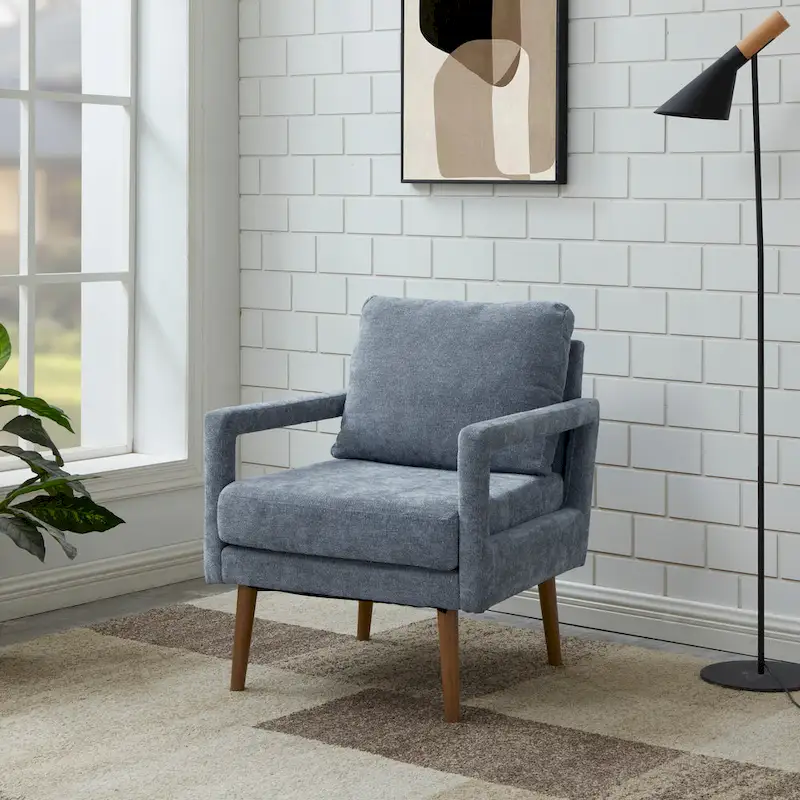 Blue Chenille Upholstered Accent Arm Chair | Mid-Century Modern | Ergonomic Cushion | 25.98 Inch Wide