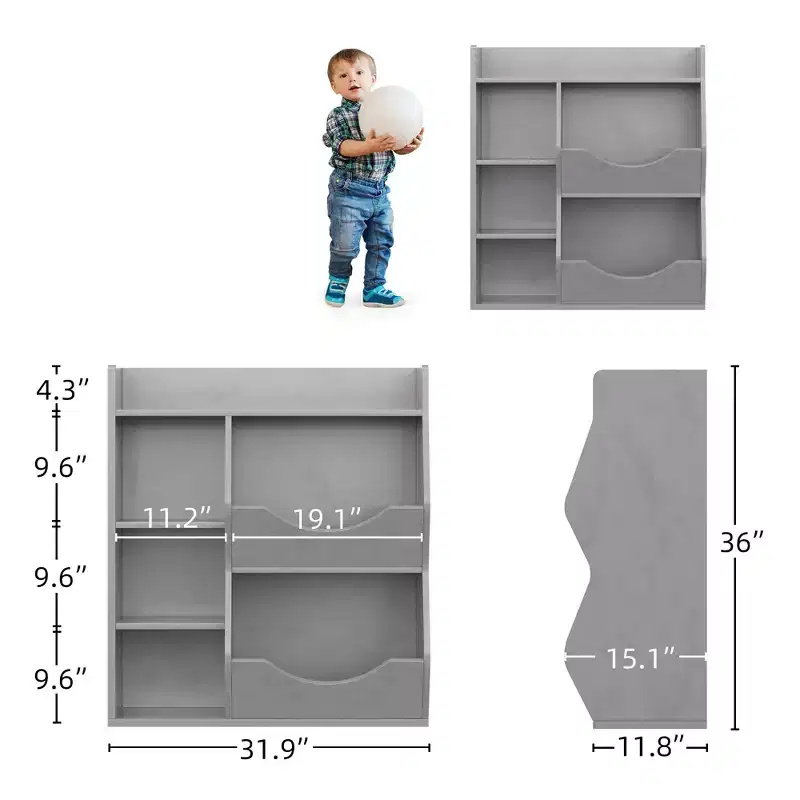 Kids Bookshelf and Toy Storage, 3 Tier Toy Storage Organizer, 5 Cube Storage Cabinet, Toddler Bookshelf