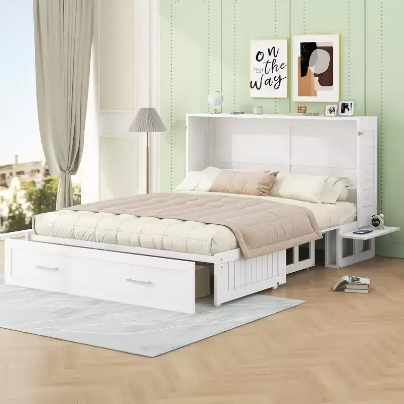 Queen Size Murphy Bed Wall Bed with Storage Drawer, Cabinet Bed Folding Wall Bed with Shelves for Guest Room Bedroom Office, White