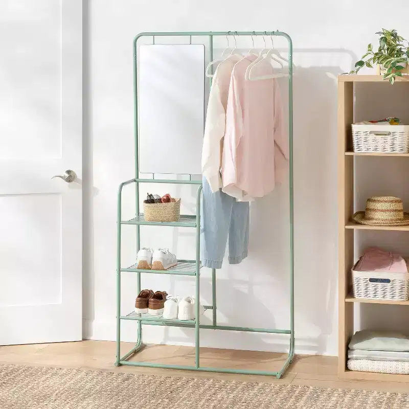 Metal Garment Rack with Mirror and Shelving