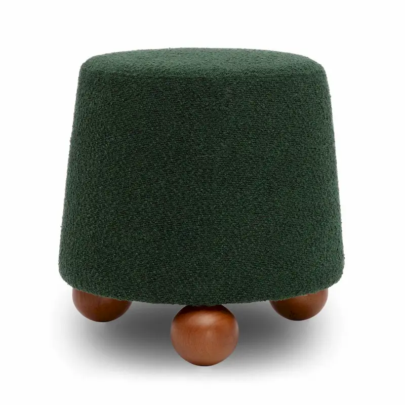 Boucle Upholstered Stool with Solid Wood Legs