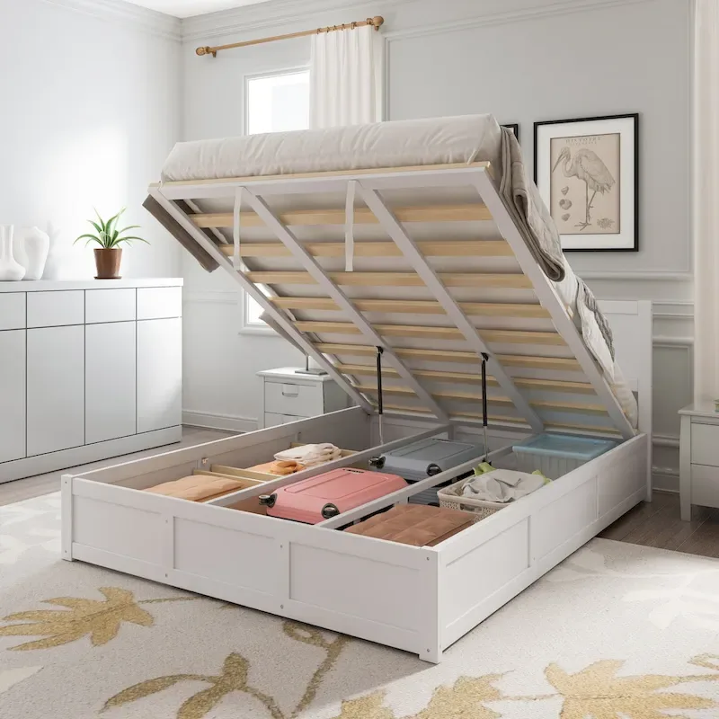 Queen Size Wood Platform Bed with Hydraulic Storage System and 2 Drawers