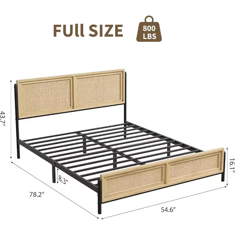 Boho Full Size Rattan Bed Frame with Storage – 800 lb Capacity, Natural Wood Tone