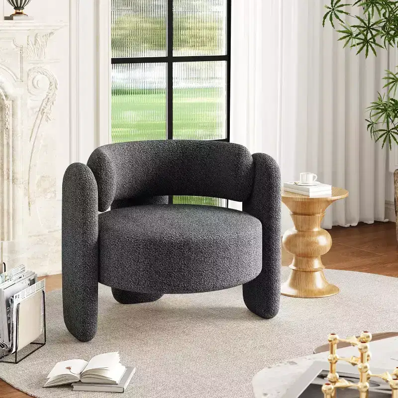 Modern Round Accent Chair  330LB Capacity, 3-Leg Design & Chenille Upholstery (White/Dark Grey) for Living Room, Office, Bedroom