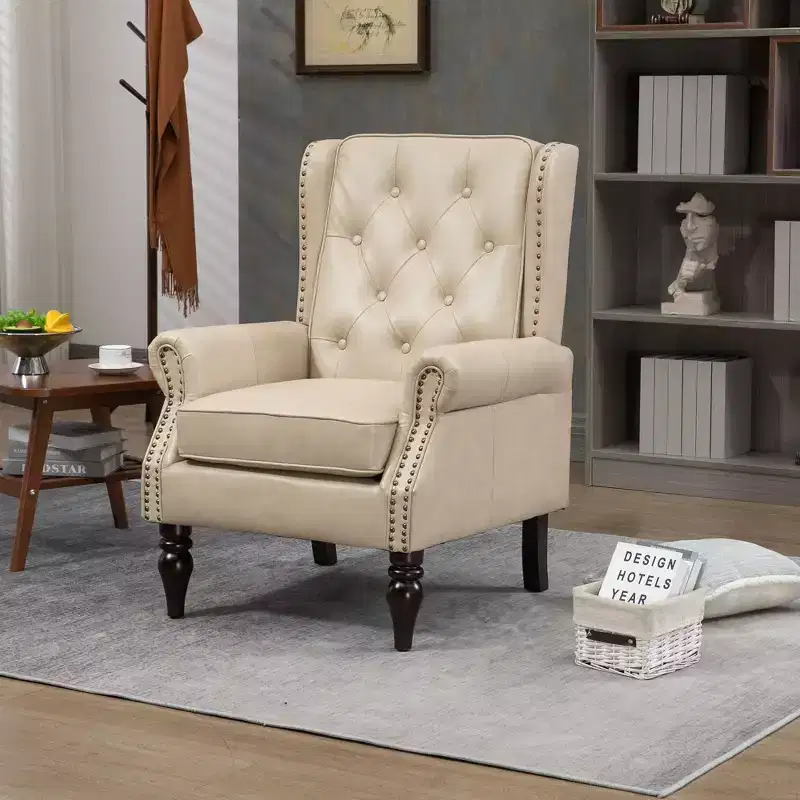 Tufted PU Leather Accent Armchair with Wood Legs – 250 lb Capacity