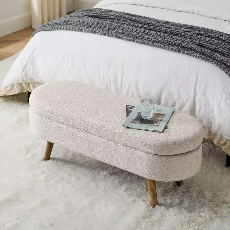 Okak Modern Linen Oval Storage Ottoman Bench with Rubber Wood Legs Soft Long Storage Footrest Stool for Living Room, Entryway, Bedroom