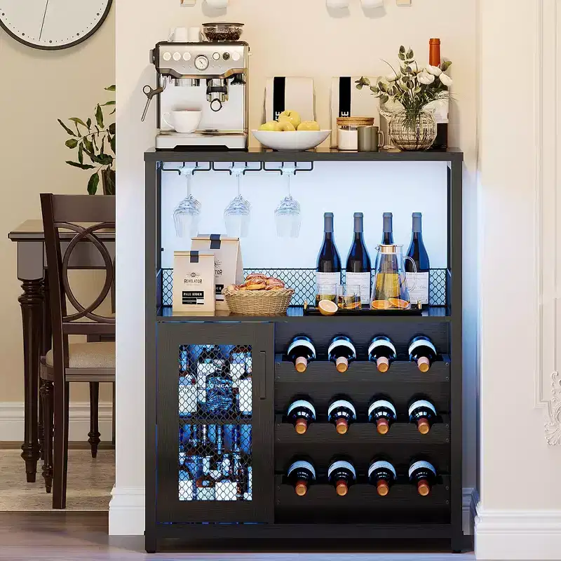 Wine Bar Cabinet with Wine Rack&Glass Holder, Modern Wine Cabinet with Mesh Door, Industrial Sideboard Buffet Cabinet for Home Bar