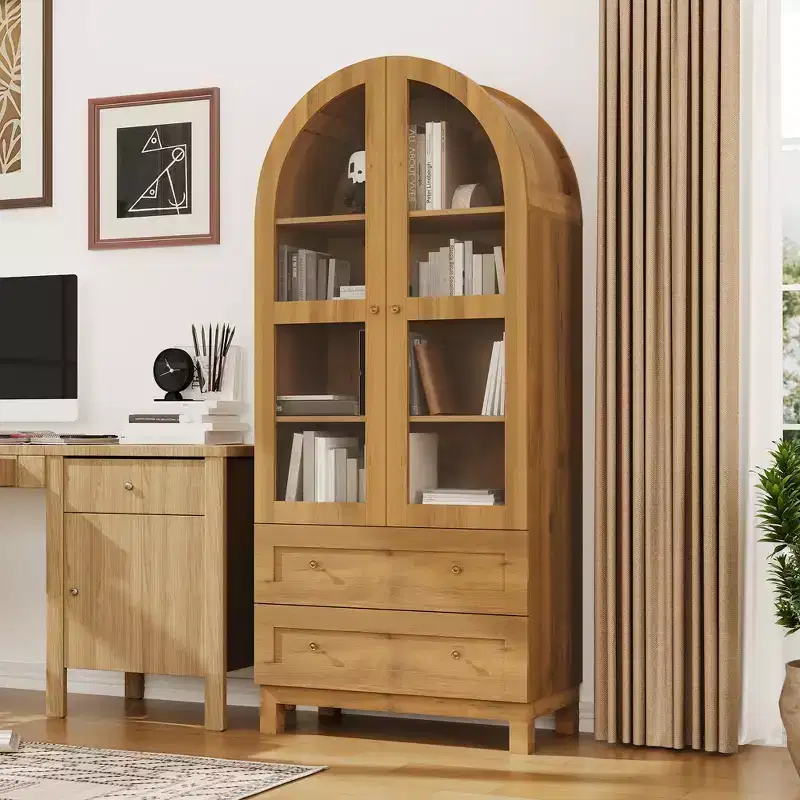 71 Tall Arched Bookshelf, Modern Bookcase with 2 Drawers, Glass Door and Adjustable Shelf, Wooden Display Cabinet, Versatile Bookshelf Kitchen