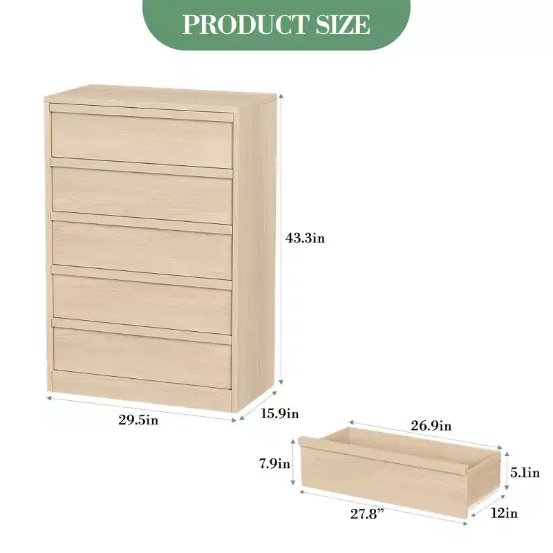 5-Drawer Dresser for Bedroom, Modern Tall 5-Drawer Dresser with Large Drawers, Wooden Dresser Organizer for Living Room, Nursery, Entryway, Natural