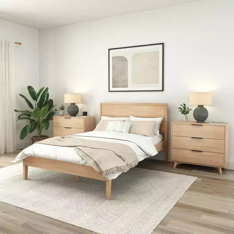 Solid Wood King Bed Frame with Panel Headboard, No Box Spring Needed
