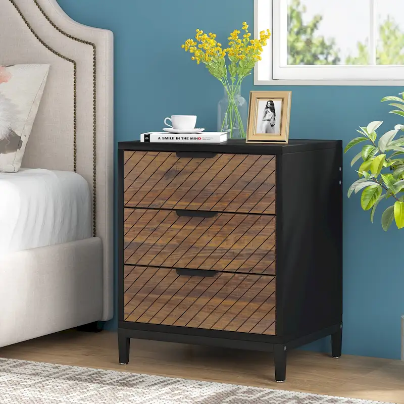 3-Drawer Nightstand with Gold Handles, Light Wood Grain, Particle Board and Metal Frame, 19.69W x 15.75D x 24.6H in