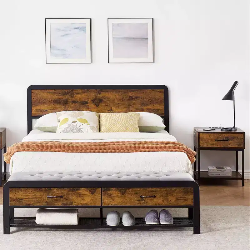 Bed Frame with Drawers Platform Bed Frame Brown Wood Headboard and Sturdy Metal Slats, No Box Spring Needed, Noise Free