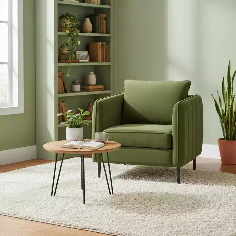 Homy Casa Modern Velvet Accent Chair with Pillow and Metal Legs, Upholstered Comfy Armchair for Living Room, Bedroom, or Reading Corner, Green