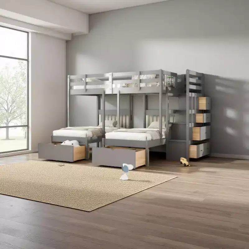 Merax Full Over Twin & Twin Triple Bunk Bed with Storage Stairs
