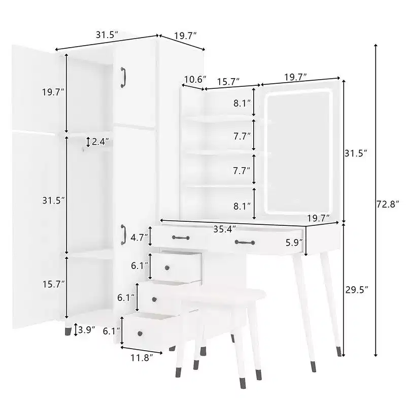 White Linen Particle Board Four-Door Five-Drawer Dresser Set with Interchangeable Left and Right Drawer Compartments