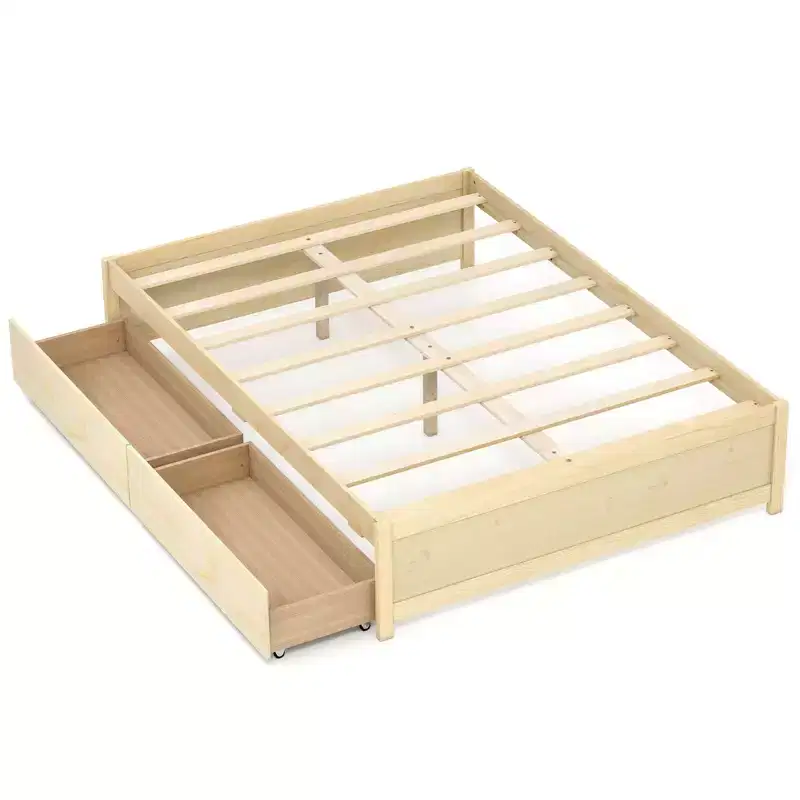 Costway Full/Queen Size Wooden Platform Bed with 2 Rolling Storage Drawers Wood Slat Support Natural/White