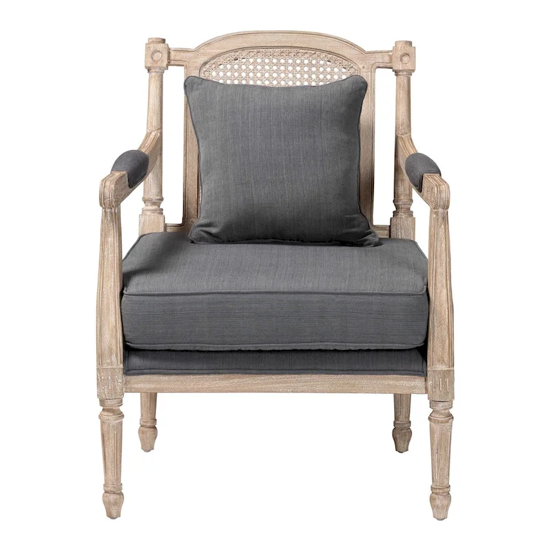 Ivory French Provincial Armchair, Single Seat, Carved Mahogany & Rattan