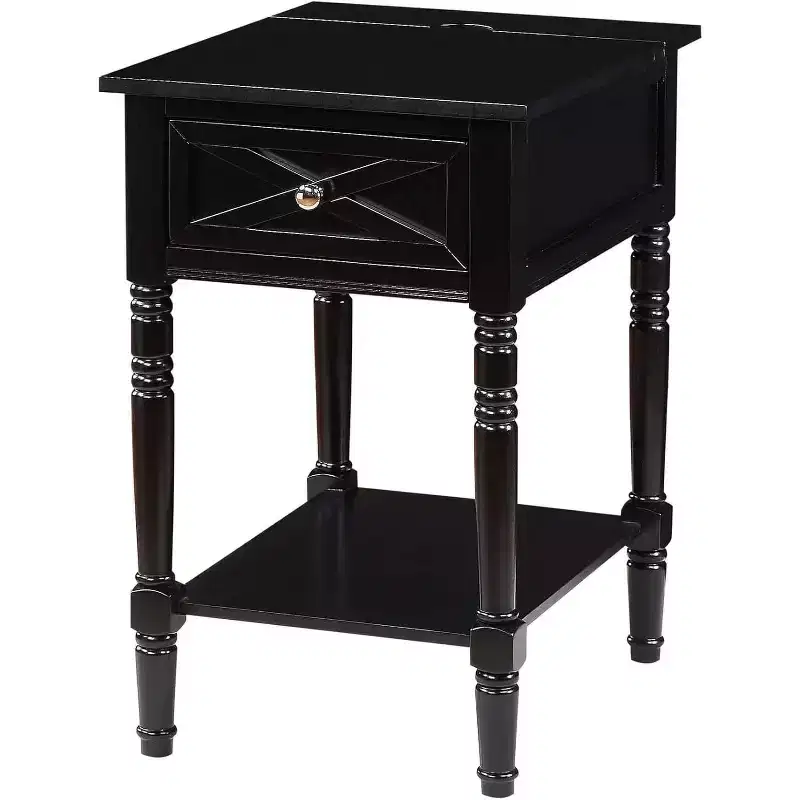 HomeStock Belmont End Table with Hidden Charging Station, 2 Outlets, 2 USB Ports, Drawer Storage and Shelf, Stylish Accent Table for Home