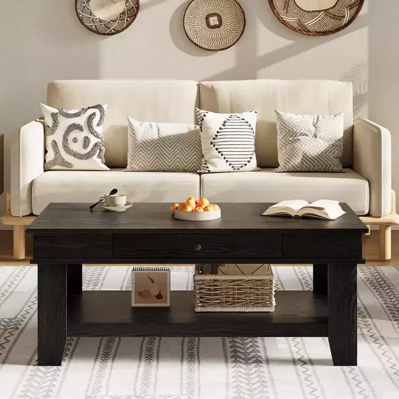 Rustic Style Coffee Table with Storage. Wood Rectangular Table for Living Room. Furniture for Home Office and Apartment
