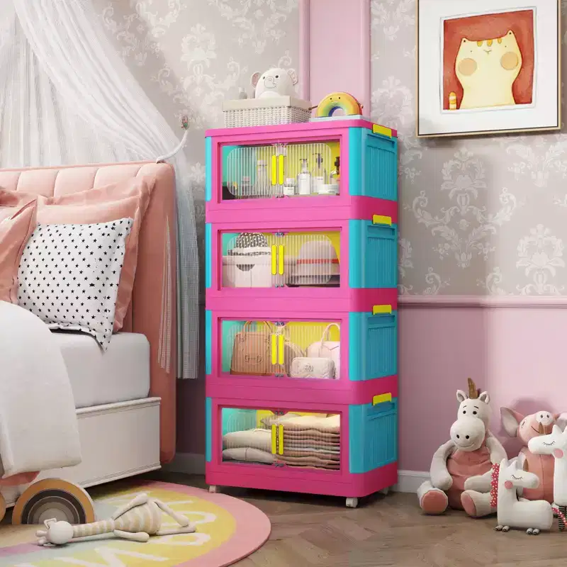 20-inch 4-Tier Folding Storage Cabinet 4 compartments, magnetic-door storage bins Plastic storage cabinet with wheels Blue and pink