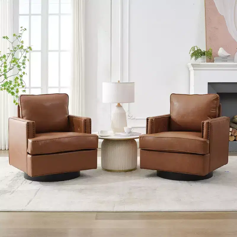 Hyleory Swivel Barrel Chair,31.9 W Modern Leather Accent Chairs Upholstered Comfy 360 Degree Swivel Club Sofa Chair for Living Room(set of 2)