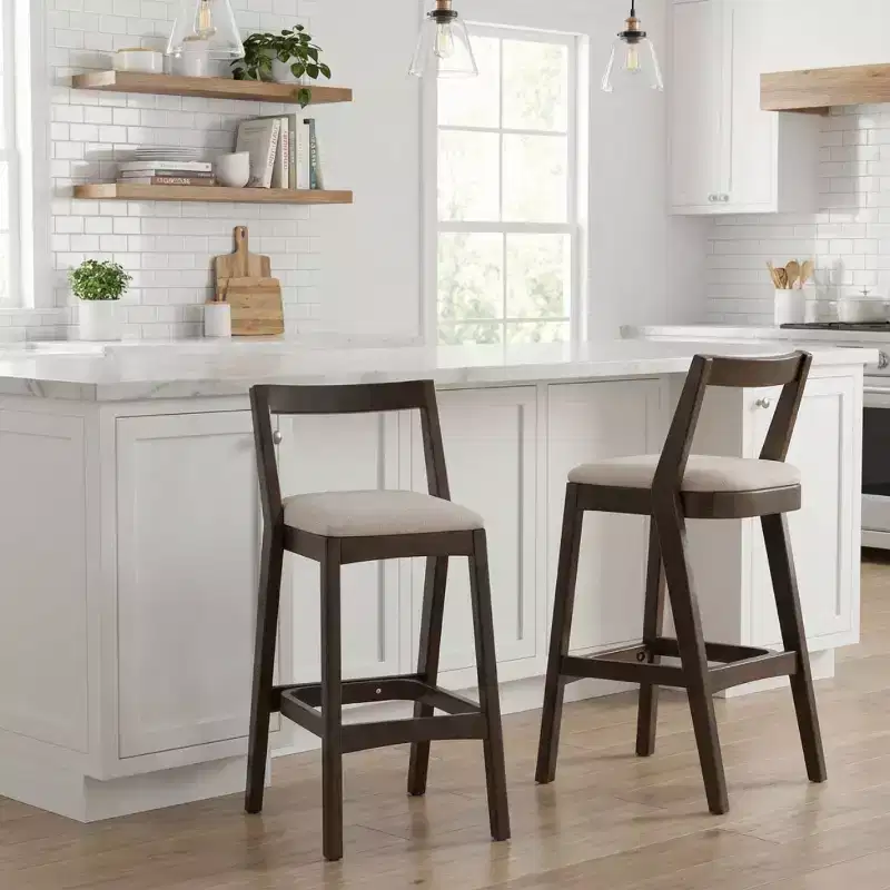 Set of 2 Modern Wooden Bar Stools with Curved Back – Beige Upholstered Seat, 30