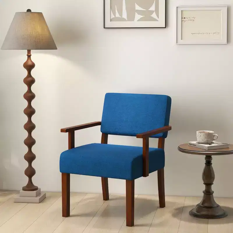 Costway Mid-Century Linen Accent Chair Living Room Chair with Soft Padded Seat & Backrest Blue/Gray