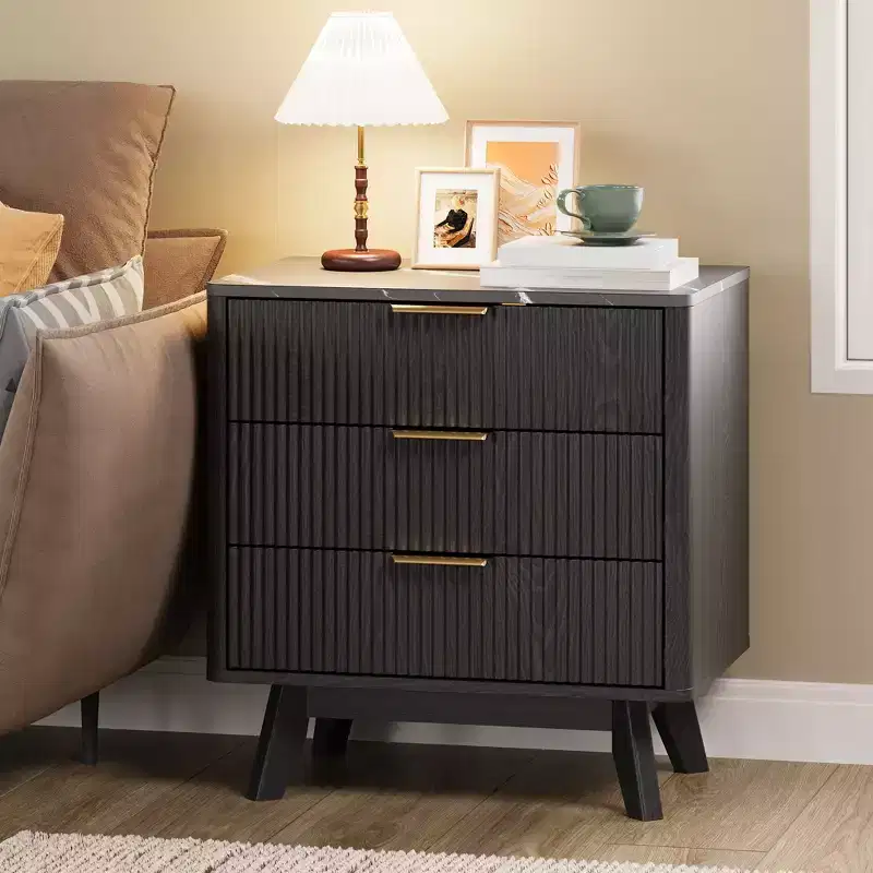 Nightstand, 24'' Bedside Table with Charging Station and 3 Drawers, Mid Century Modern Wood Night Stand for Bedroom, End Table for Living Room