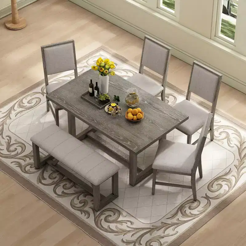 Whisen 6-Piece Retro Dining Set with 4 Upholstered Chairs and 1 Bench