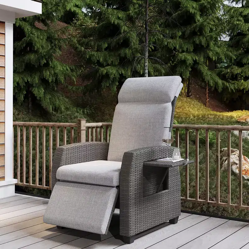 Indoor Outdoor Wicker Recliner Chair with Flip-Up Table Air Pump 155 Lay Flat, Adjustable Wicker Lounge Recliner Chair with Backrest and Footrest