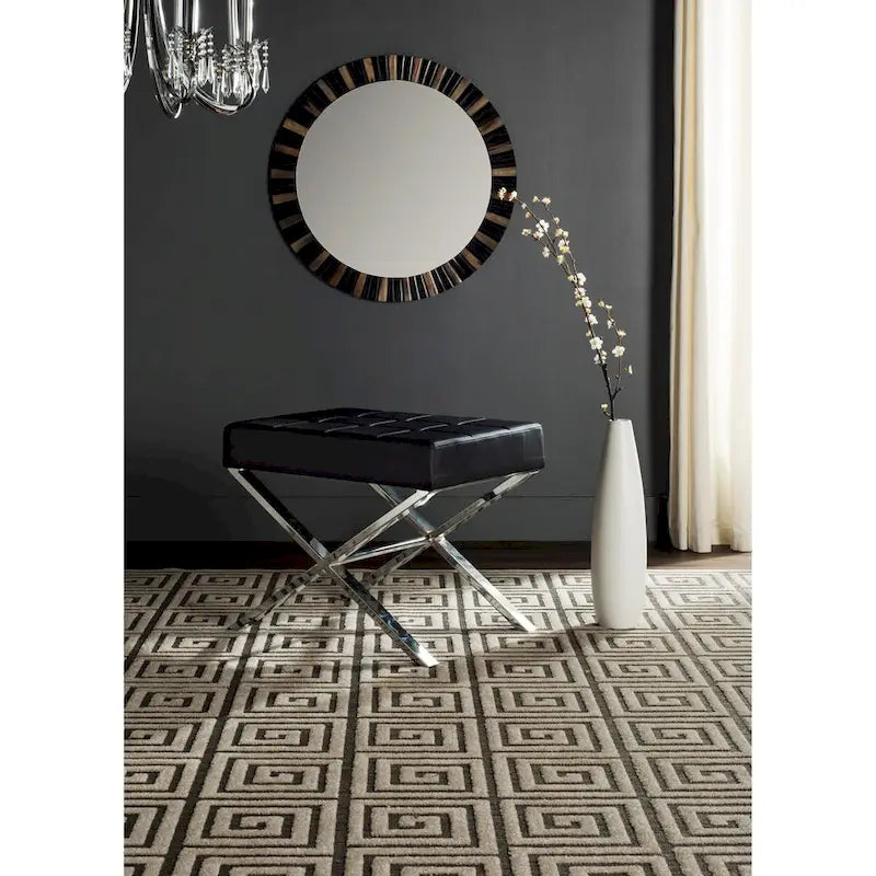 Modern Tufted Leather Ottoman with X-Frame Chrome Base
