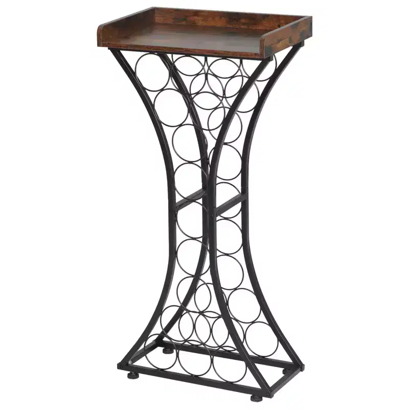 15 Bottle Wine Rack, Iron Freestanding Floor Wine Holder, Mini Bar Stand Liquor Cabinet with Wood Tabletop, Black+Brown
