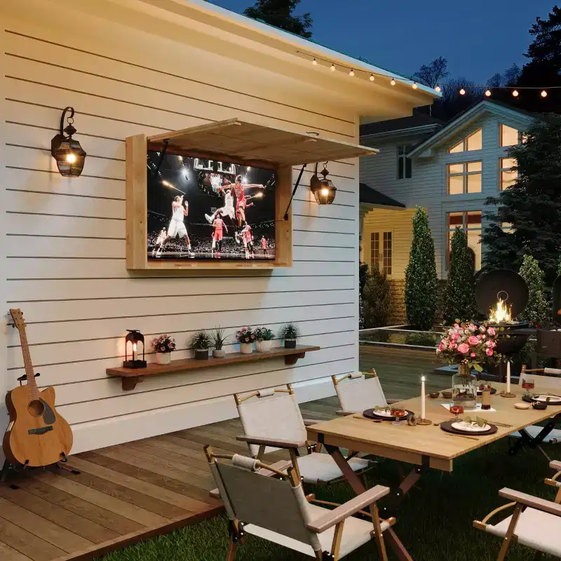 Outdoor Wooden TV Display Protector, 48 inch Solid Waterproof Adjustable Television Hard Box with Extra Cover and Telescopic Bracket Brown