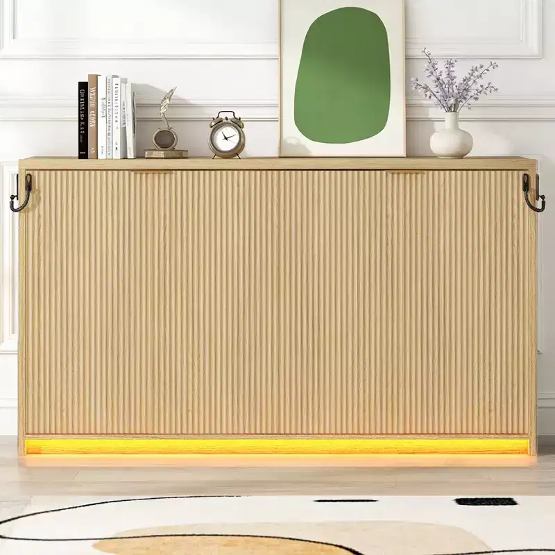 Size Cabinet-style Murphy Bed with LED Light for Living Room and Apartment, Nature
