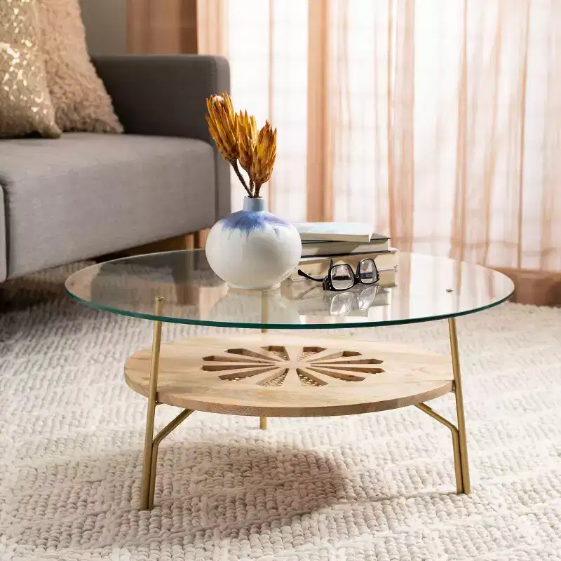 Flora Round Coffee Table - Natural & Brass Finish
