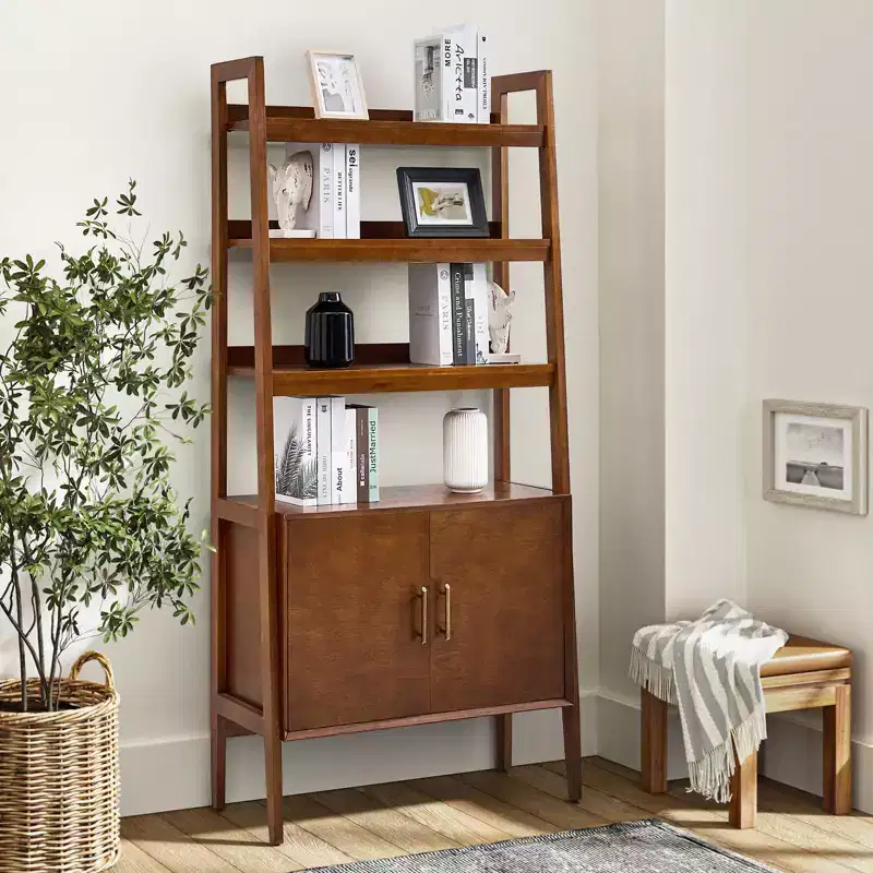 76'' Solid Wood Ladder Bookcase with Storage